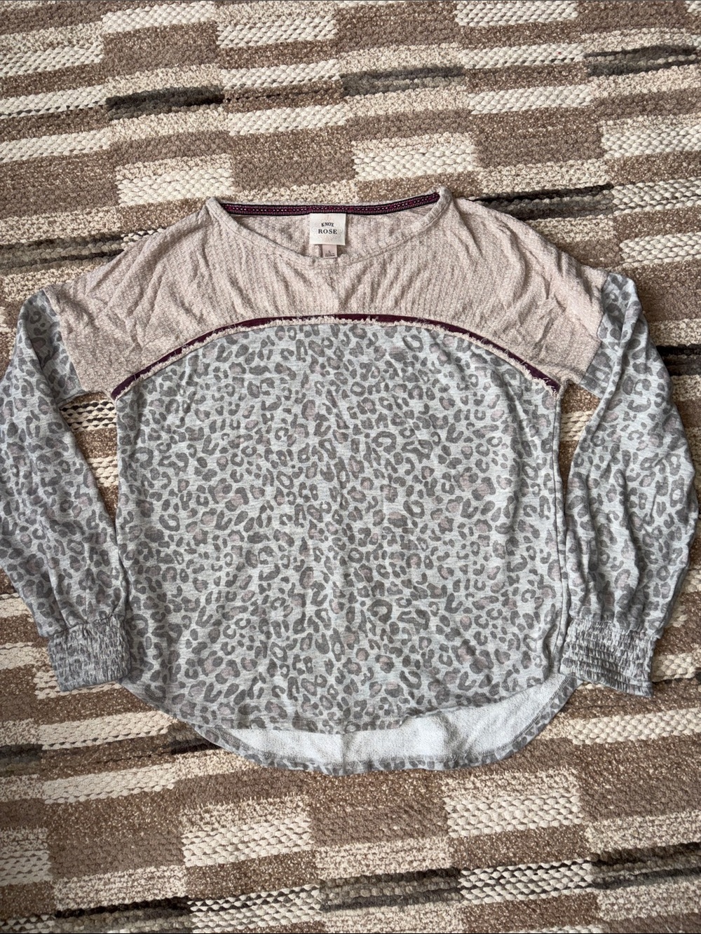 Knox Rose Neutral Leopard-Print Long Sleeve Top with Cream Yoke and Maroon Trim